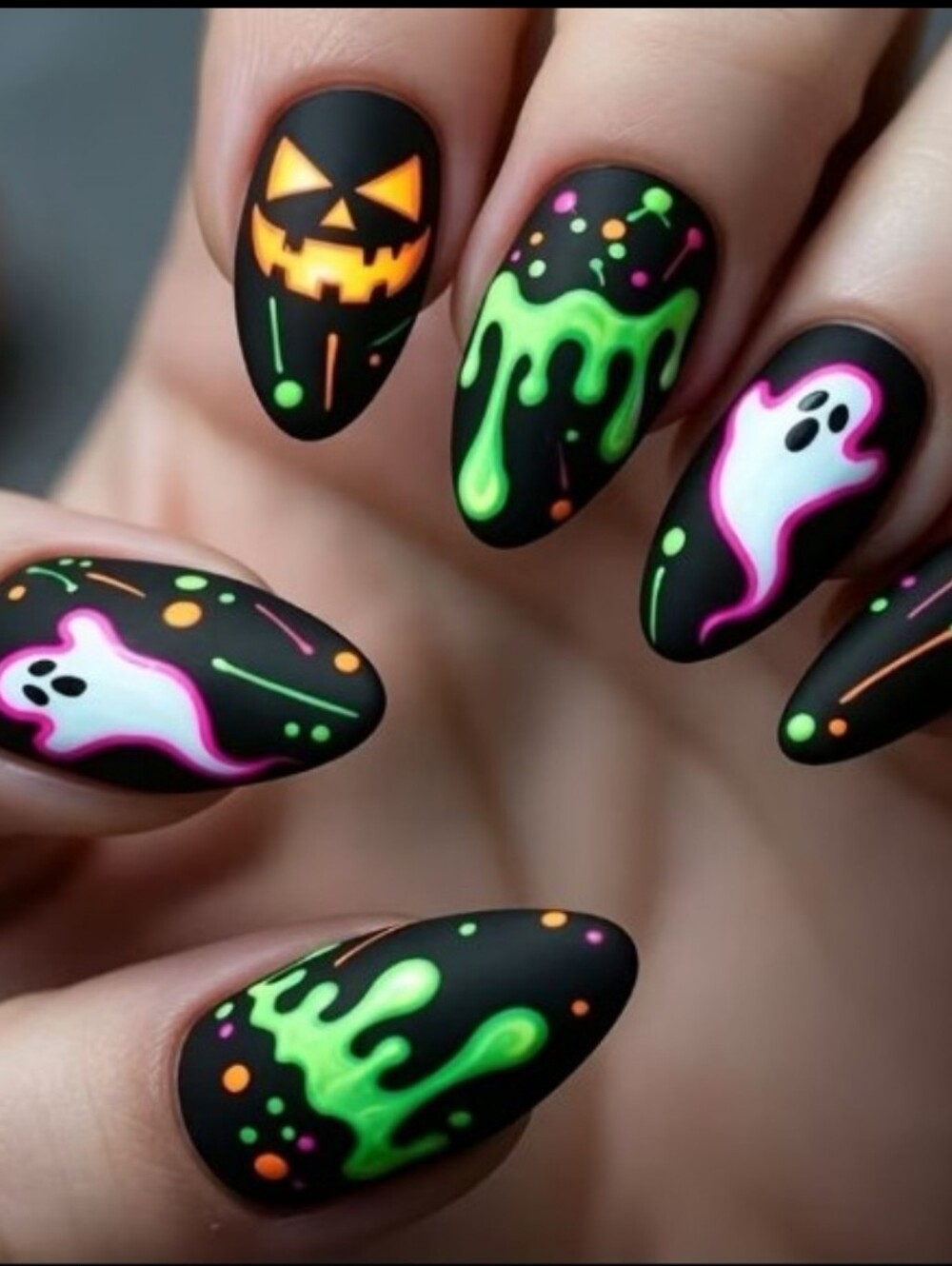 Halloween Matte Black Nail Art Set with Neon Green, Orange & Pink Accents